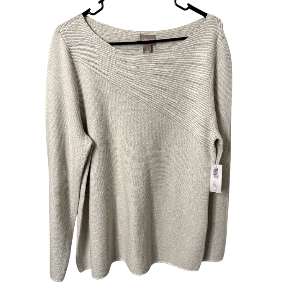 NWT Chico’s Shooting Star Metallic Pullover Sweater White Truffle Size 2 (L/XL)